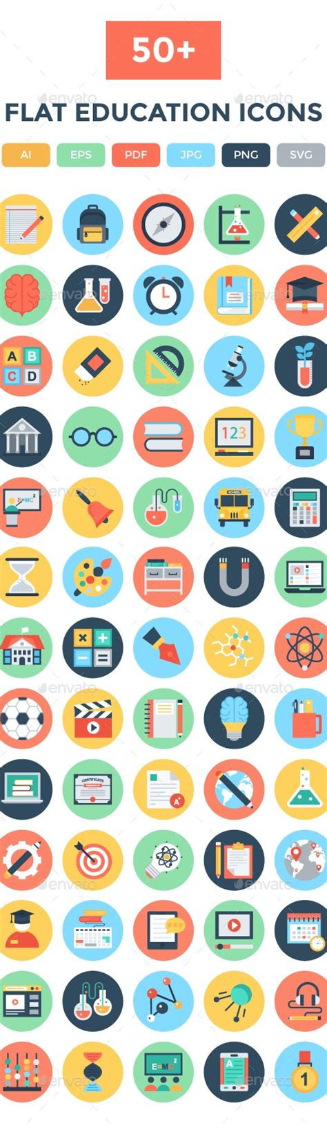 50 Flat Education Vector Icons By Vectorsmarket Graphicriver