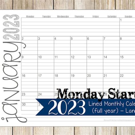2023 Monday Start Lined Monthly Calendars 85x11 Landscape Etsy
