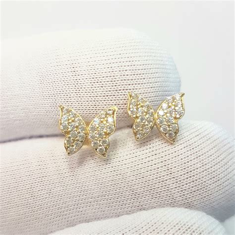 K Real Solid Gold Butterfly Stud Earrings For Women