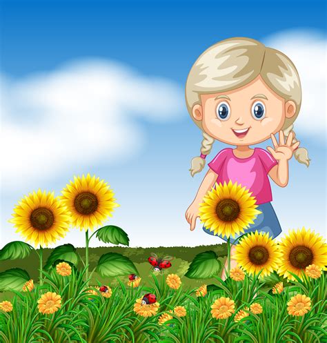Cute Girl In Sunflower Garden 301519 Vector Art At Vecteezy