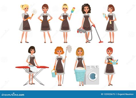 Set Of Housewives With Different Equipment Housekeeper Cleaning
