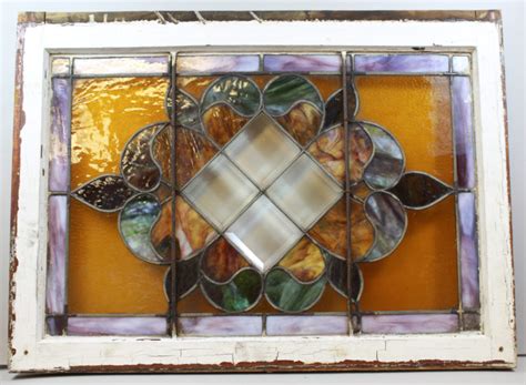 Bargain John S Antiques Antique Colorful Stain Glass Window Clear Beveled Diamonds In Center
