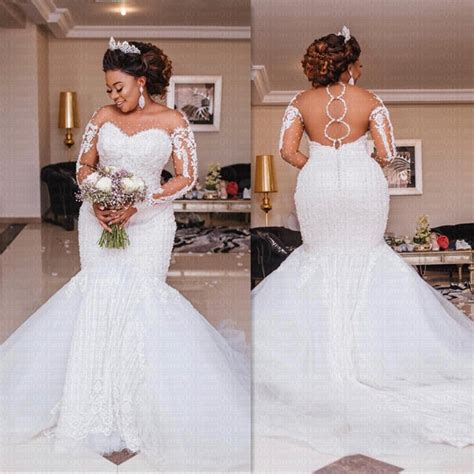 Luxury African Mermaid Wedding Dress 2019 Sheer Backless Long Sleeve