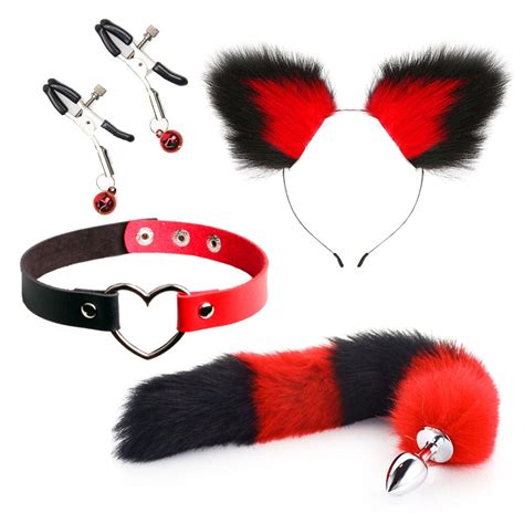 Cute Fox Tail Anal Plug Cat Ears Headbands Set Nipple Clip Neck Collar