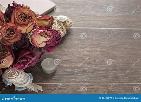 Vintage Dry Roses On Wooden Background Stock Image Image Of Wrapping