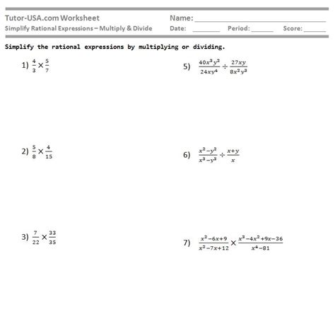 Simplifying Rational Expressions Multiplication And Division Worksheet