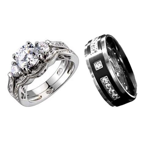 3pcs His And Hers Titanium 925 Sterling Silver Cubic Zirconia Wedding