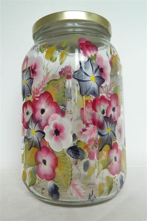 Hand Painted Kitchen Canister Painted Glass Jar With Lid Glass Etsy Painting Glass Jars