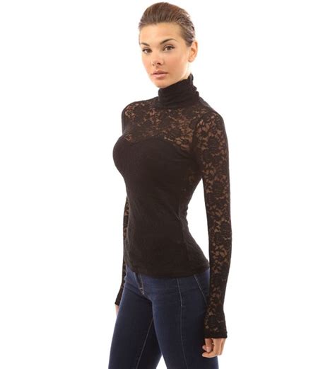 Womens Turtleneck Sheer Lace Blouse Black Cy117wmngkh