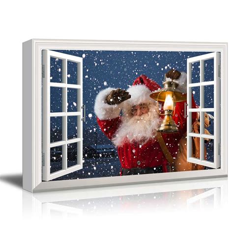 Wall26 Print Window Frame Style Santa Claus Carrying Ts Coming On Christmas Eve Stretched