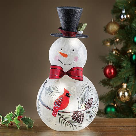 Lighted Frosted Glass Snowman With Cardinal Accent Collections Etc