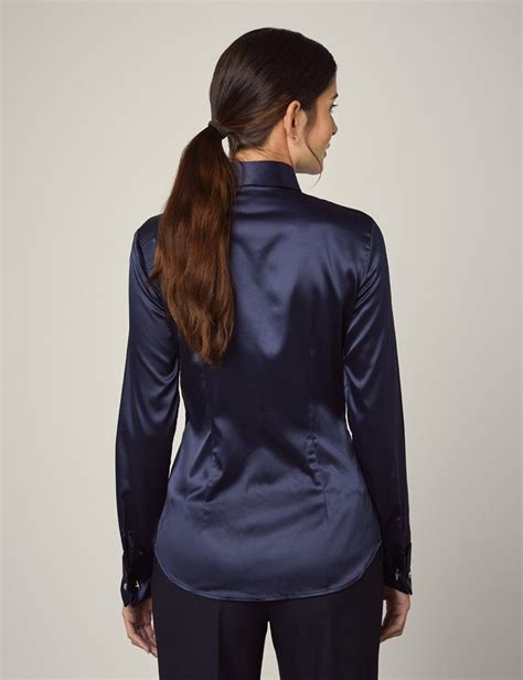 Womens Navy Fitted Satin Shirt Double Cuff Satin Shirt Hawes And Curtis Women