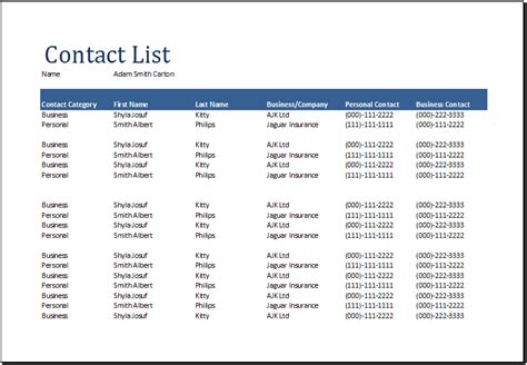 Free Contact List Templates In Word Excel Pdf