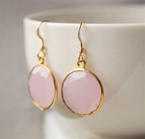 Pink Rose Quartz Earrings Round Cut Simple Drops Rosy By OhKuol