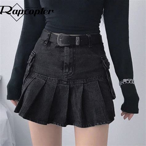 Rapcopter Y2k Pleated Skirts Pockets Jean Skirts High Waisted Mini