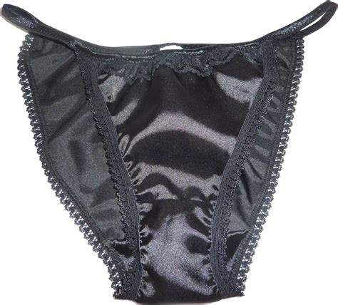 Shiny Satin String Bikini Mini Tanga Panties Black With Black Lace