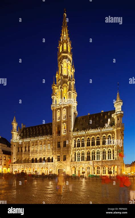 The Famous Town Hall Of Brussels Hotel De Ville With Night Blue Sky