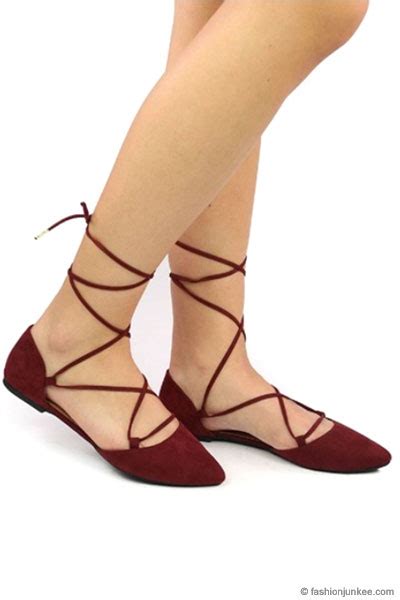 Faux Suede Pointy Lace Up Strappy Ballet Ballerina Flats Burgundy Red