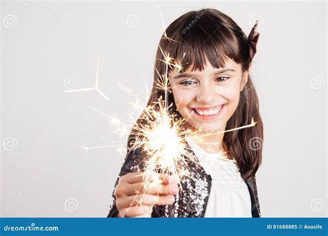 Little Party Girl Holding A Sparkler Stock Image Image Of Black