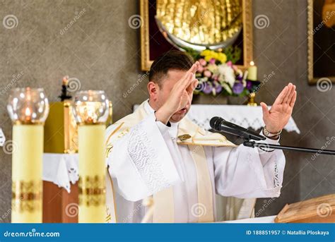Christian Priest Standing By The Altar Stock Image Image Of Food