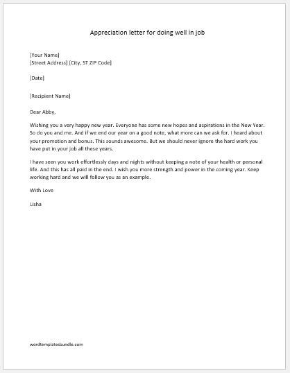 sample recognition letter for a job well done