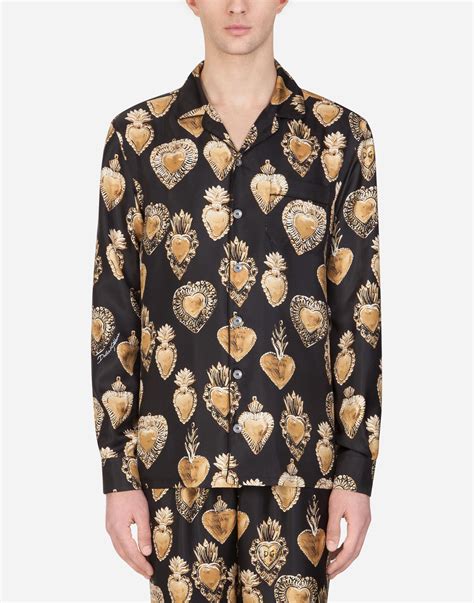 Dolce And Gabbana Silk Pajama Shirt With Sacred Heart Print In Black For
