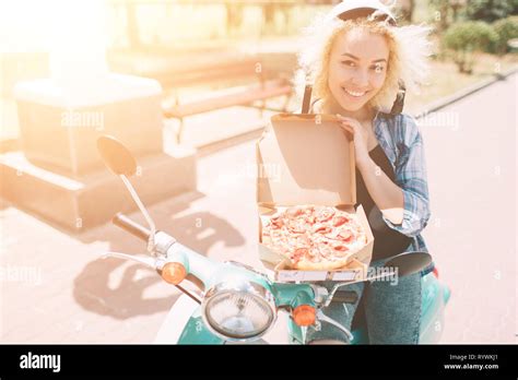 Pizza Dealer With Pizza Boxes Pizza Delivery Girl Holding Box With