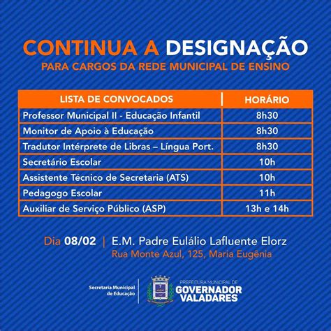 A contratação/convocação será processada nos termos das legislações vigentes, observando a ordem de classificação dos candidatos e procedimentos a seguir: Prefeitura Municipal de Governador Valadares - Secretaria de Educação continua a designação na ...