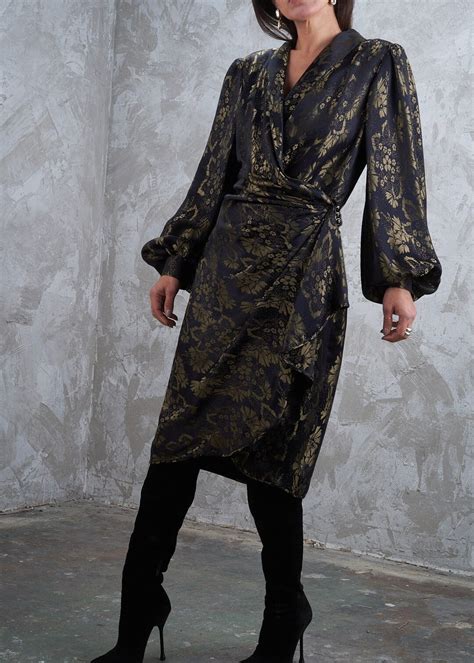 Emanuel Ungaro 1980s Gold Jacquard Satin Ruched Wrap Dress M Etsy