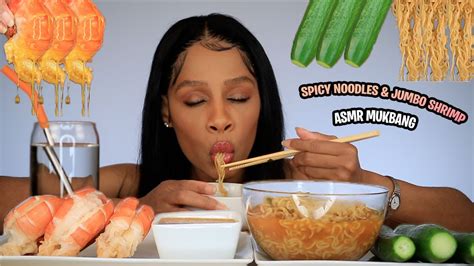 Asmr Spicy Noodles And Jumbo Shrimp Mukbang Female Foodie Eating Show Eating Sound Youtube