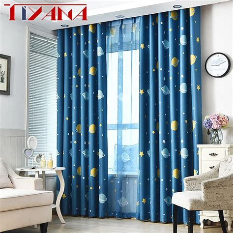 Cartoon Blue Planets Curtains For Living Room Custom Made Blackout Kids