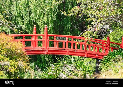 Japanese Red Bridge New Zealand Stock Photo Alamy