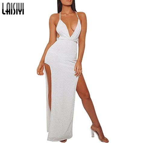 Laisiyi Sliver Gold Deep V Neck Sexy Glitter Dress Sleeveless Backless Bodycon Dresses Woman