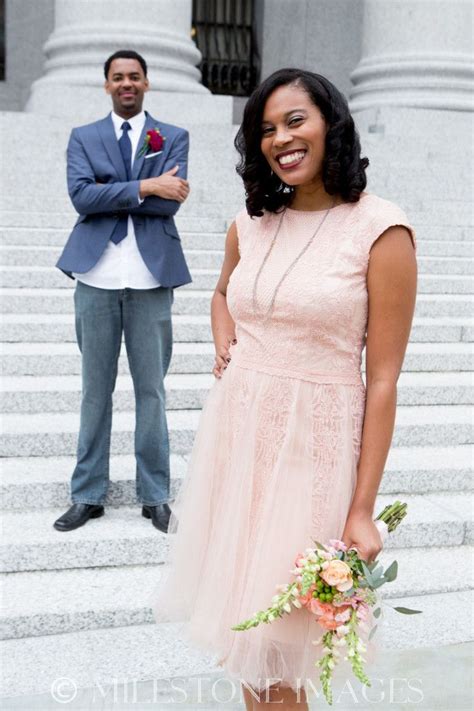 Pink dresses add a perfect hint of subtle color. NY Courthouse Wedding; African American; Natural Hair ...