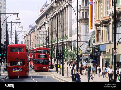 Oxford Street Red Busses Selfridges London West End England Uk Shops