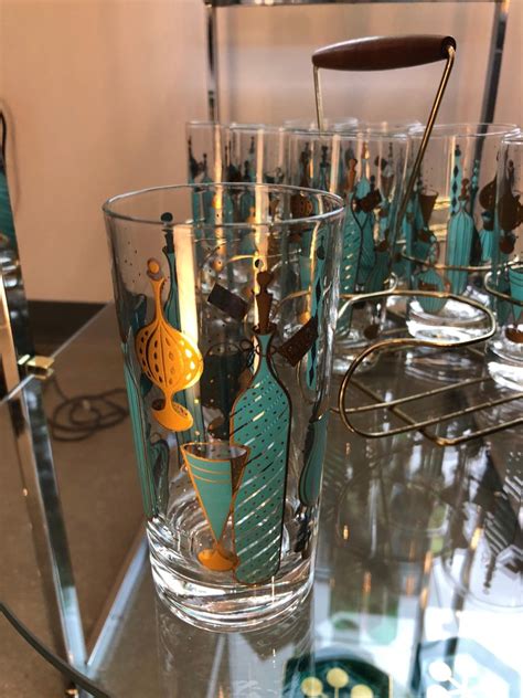 Eight Mid Century Modern Tom Collins Glasses With Exotic Barware Decoration And Caddy Mrspkandoz
