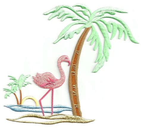 Flamingo Horizon Sand Wpalm Trees Fully Embroidered Iron On Applique