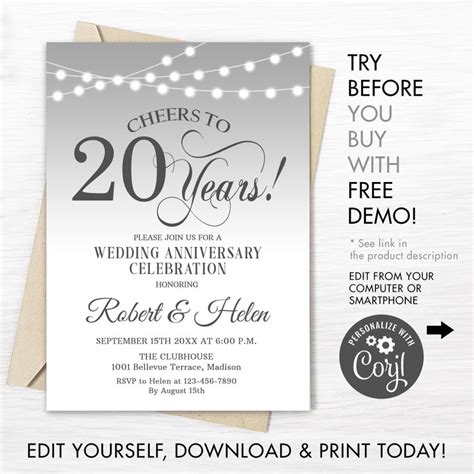 20th Wedding Anniversary Party Invitation Instant Download Etsy Uk