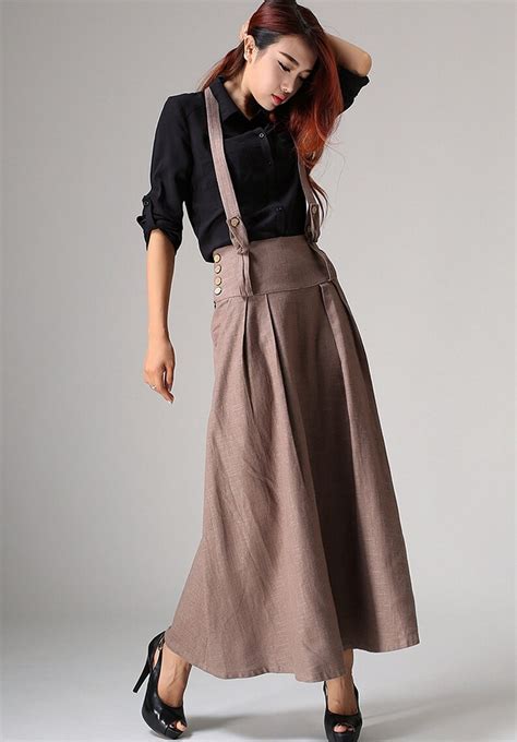 Suspender Maxi Skirt Suspender Skirt Linen Skirt Brown Etsy