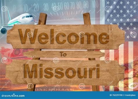 Welcome To Missouri State In Usa Sign On Wood Travell Theme Stock
