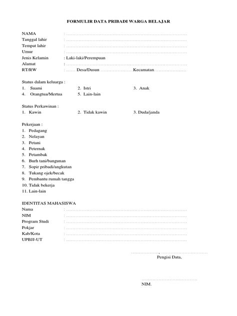 formulir data pribadi warga belajar anis pdf