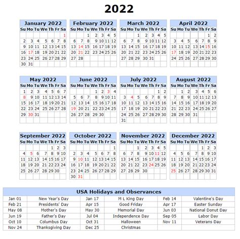 Us 2022 Calendar With Holidays Festivals Observances Free Download In