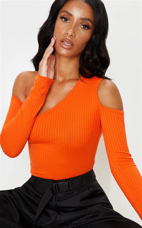 Orange Rib Cut Out Long Sleeve Bodysuit Prettylittlething