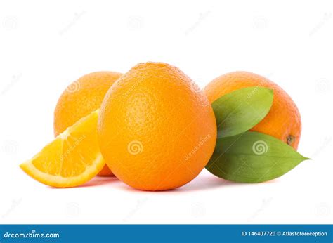 Ripe Oranges With Leaves Isolated On White Background Stock Photo