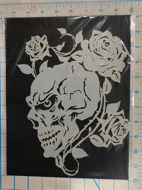 10 Mil Reusable Laser Cut Mylar Stencil Skull With Roses Design For