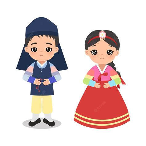 한국 전통 의상을 입은 귀여운 소년과 소녀 프리미엄 벡터
