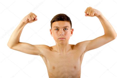 Shirtless Teenage Boy Flexing His Muscles — Stock Photo © Triumph0828