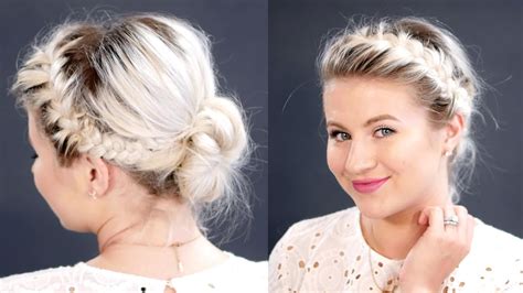 After you make a front french braid, you can pin it under your hair, bring it up to the high ponytail, or pin it next to the low bun, as featured. French Braids Messy Bun For Short Hair | Milabu - YouTube
