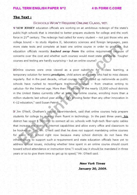 English as a second language (esl) grade/level: FULL TERM ENGLISH PAPER N°2 FOR 4th FORM C.CORE TUNISIAN ...