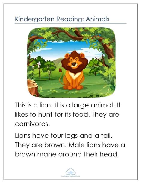 Kindergarten Reading Worksheets On The Topic Of Animals A Short